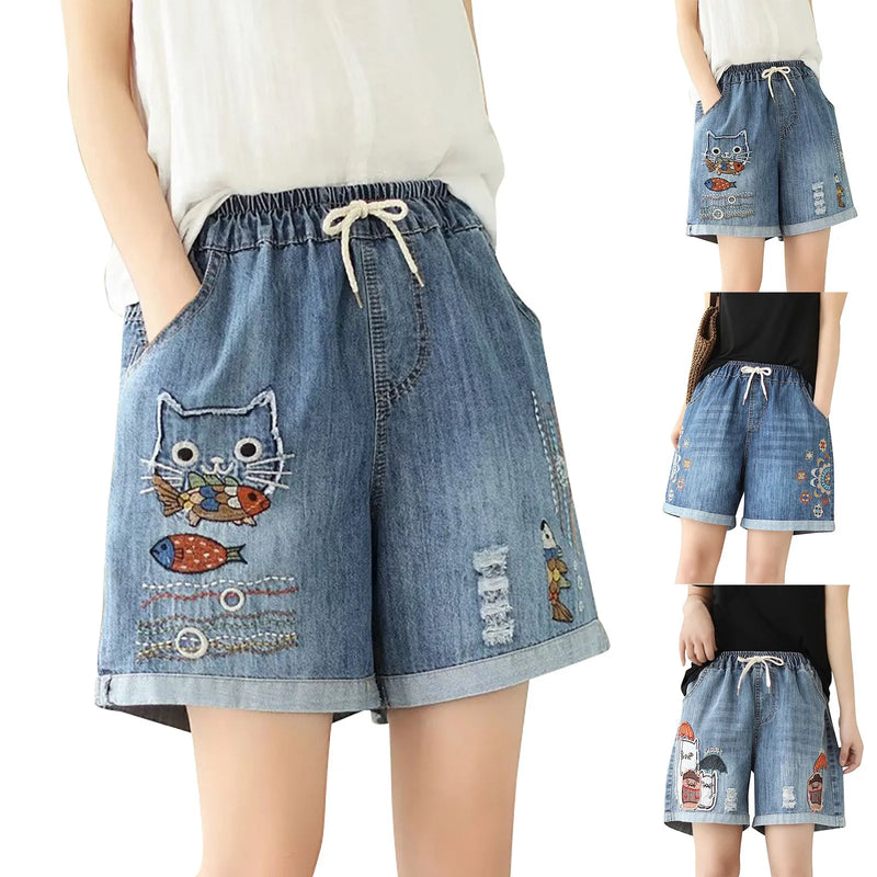 Ethnic Style Funny Cartoon Printed Wide Leg Shorts For Women Jeans Rolled Up Elastic Waist Bandage Y2k Shorts Baggy Denim Shorts