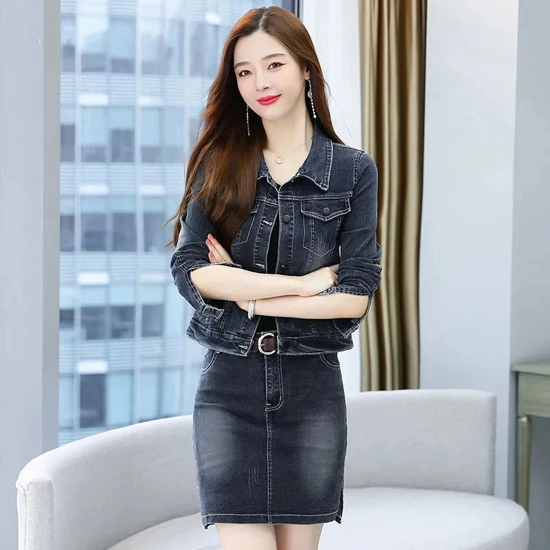 Black Denim Jacket Skirt Suit Spring Autumn Fashion Casual 2 Piece Set Women Short Jeans Coat And Denim Midi Skirts Women Outfit