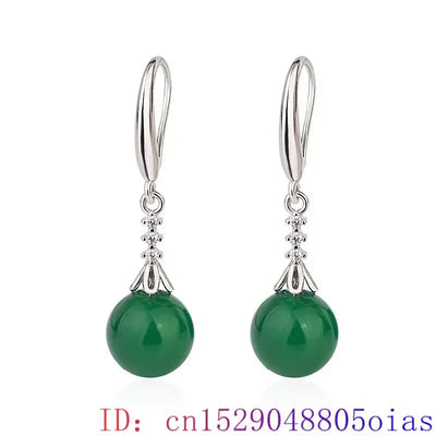 Green Real Jade Bead Earrings Gemstone Luxury Gift Amulet Charm Fashion Carved Vintage Women Natural Jewelry 925 Silver