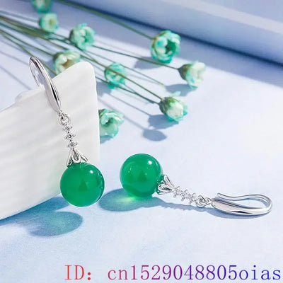 Green Real Jade Bead Earrings Gemstone Luxury Gift Amulet Charm Fashion Carved Vintage Women Natural Jewelry 925 Silver