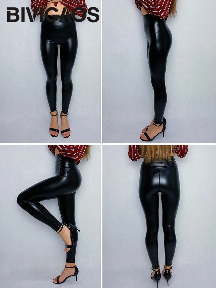 BIVIGAOS Fashion Women PU Leather Pants Elastic High Waist Winter Leggings Slim Velvet Leather Leggings Skinny Fleece Trousers