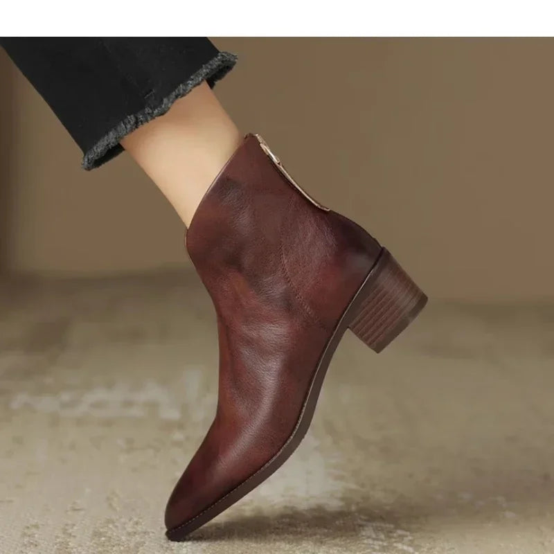 2024 New Autumn Genuine Leather Ankle Boots Pointed Toe Women Boots Retro Short Boots Women Shoes Winter Retro Chelsea Boots