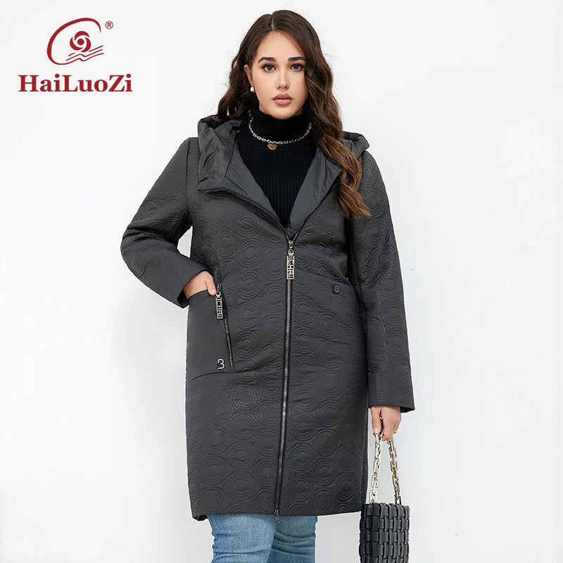 HaiLuoZi 2023 Autumn Women Jackets Plus Size Long Hooded Quilted Light weight Big pockets Bio-cotton Stylish Women&