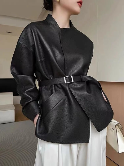 Japanese Harajuku Sheepskin Leather Coat for Women Ladies Elegant Square Neck Veins Skin Belt Short Jackets Coffee Jaqueta Couro