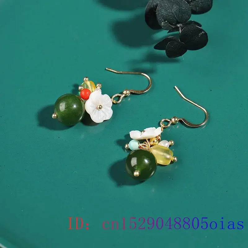 Green Jade Flower Earrings Natural Amulet Crystal Gemstone Gifts Zircon Jewelry 925 Silver Women Charm Chalcedony Fashion