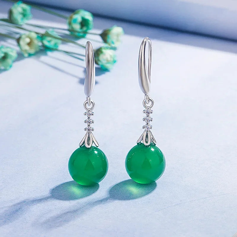 Green Real Jade Bead Earrings Gemstone Luxury Gift Amulet Charm Fashion Carved Vintage Women Natural Jewelry 925 Silver