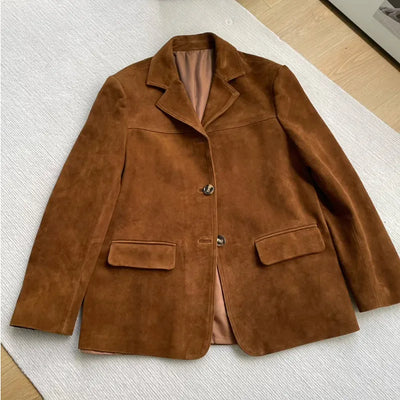 2024 Lady's Fashion Real Suede Jacket Genuine Sheepskin Blazer Oversize Leather Coat Women's Suit