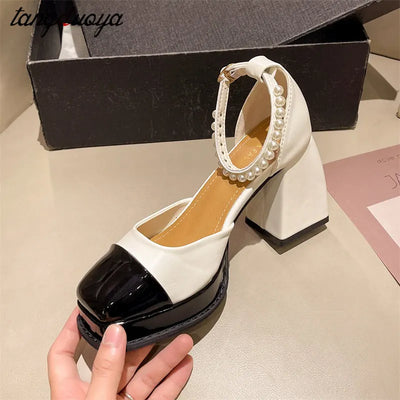 Women heels platform shoes Mary Jane Shoes for Women 2024 Chunky heels Buckle Strap Pumps Woman Thick Bottom pearl sandals