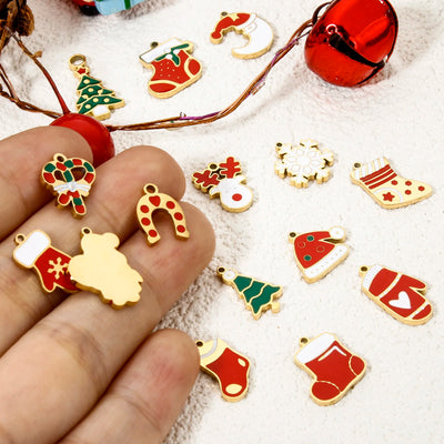 1pc Christmas Stainless Steel Charms Gold Color Christmas Elk Santa Claus Multicolor Enamel Pendant DIY Women Necklace Jewelry