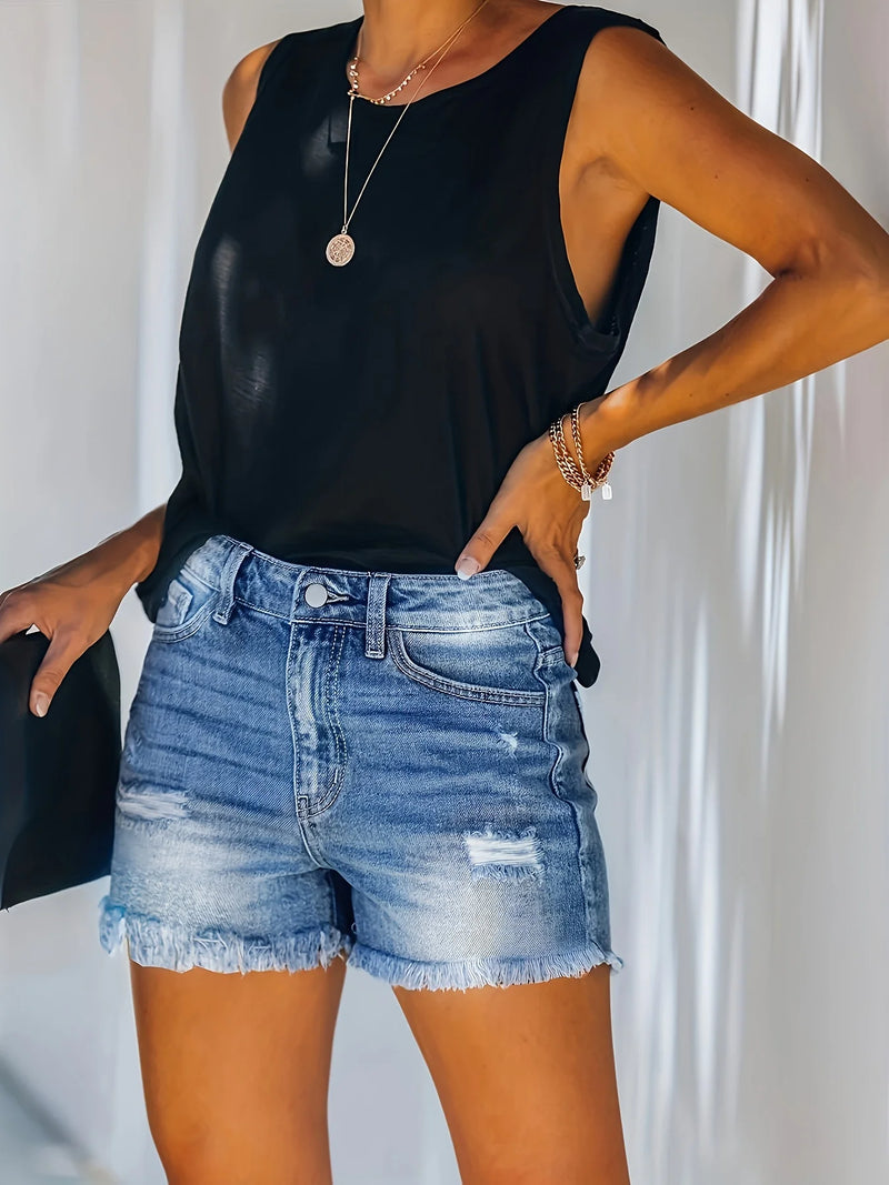 Blue Frayed Hem Denim Shorts, Ripped Holes Slash Pockets Short Denim Pants, Women&