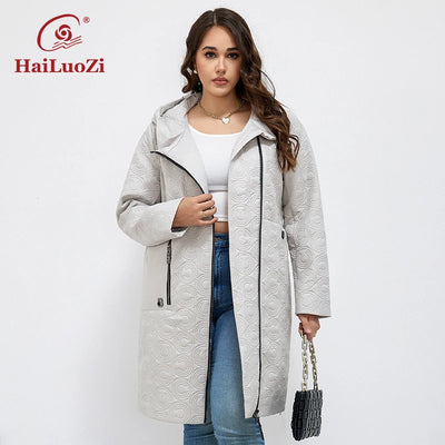 HaiLuoZi 2023 Autumn Women Jackets Plus Size Long Hooded Quilted Light weight Big pockets Bio-cotton Stylish Women's coat 5537