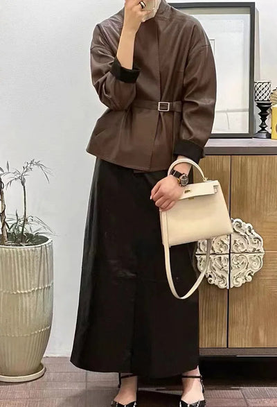 Japanese Harajuku Sheepskin Leather Coat for Women Ladies Elegant Square Neck Veins Skin Belt Short Jackets Coffee Jaqueta Couro