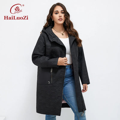 HaiLuoZi 2023 Autumn Women Jackets Plus Size Long Hooded Quilted Light weight Big pockets Bio-cotton Stylish Women's coat 5537