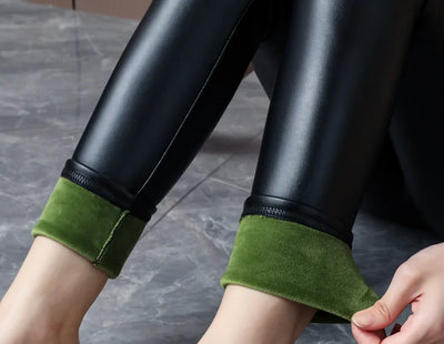 2024 Autumn Winter Velvet Thick Warm Leather Pants Women Elastic PU High Waist Leggings Black Casual Slimming Fleece Trousers