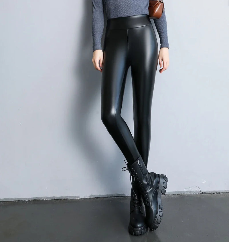 2024 Autumn Winter Velvet Thick Warm Leather Pants Women Elastic PU High Waist Leggings Black Casual Slimming Fleece Trousers