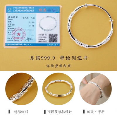 High-quality New Flower Leaf Pattern Real S999 Pure Silver Retro Jewelry Smooth Surface Woman Bracelet Openings Mother's Gift