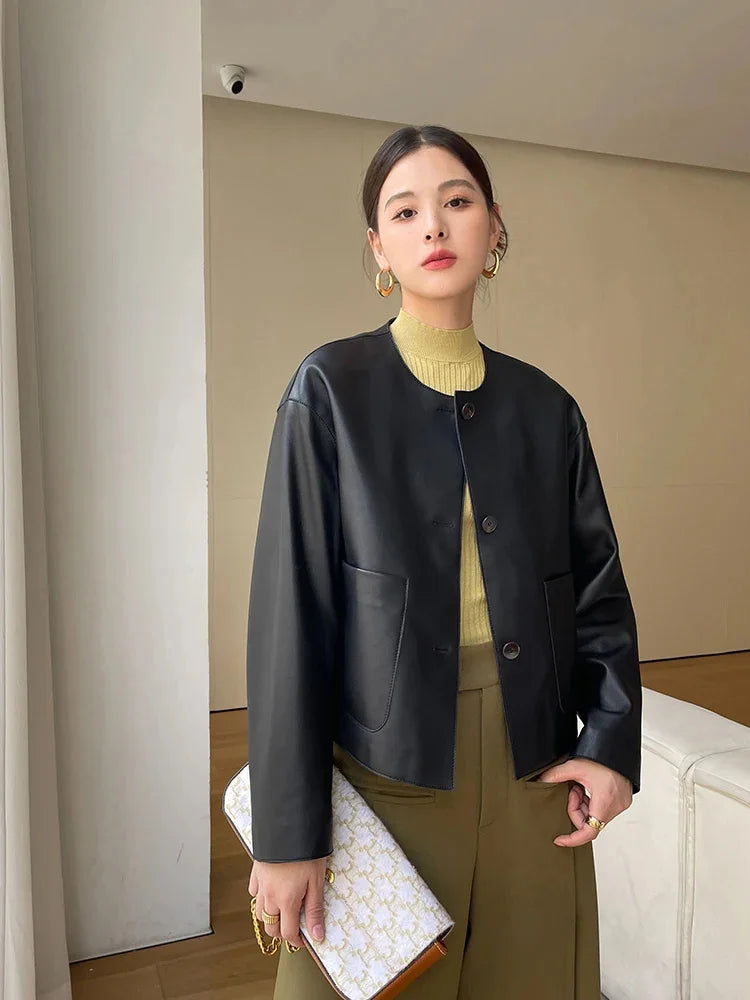 Elegant O-neck Genuine Leather Jacket for Women Spring Autumn 2024 Trend High-end Simple Casual Cropped Sheepskin Coat