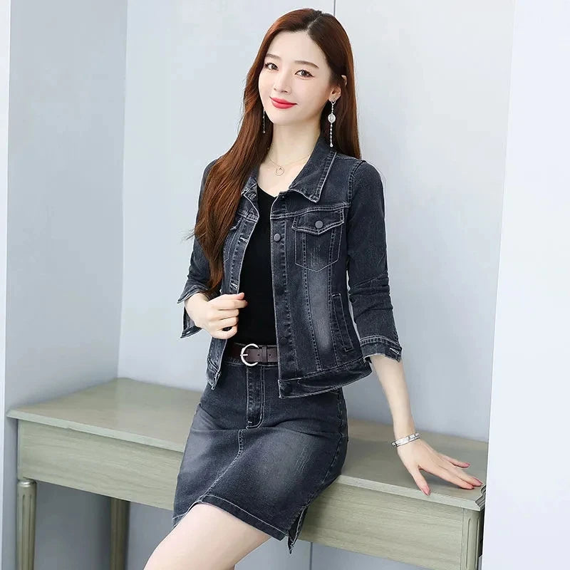 Black Denim Jacket Skirt Suit Spring Autumn Fashion Casual 2 Piece Set Women Short Jeans Coat And Denim Midi Skirts Women Outfit