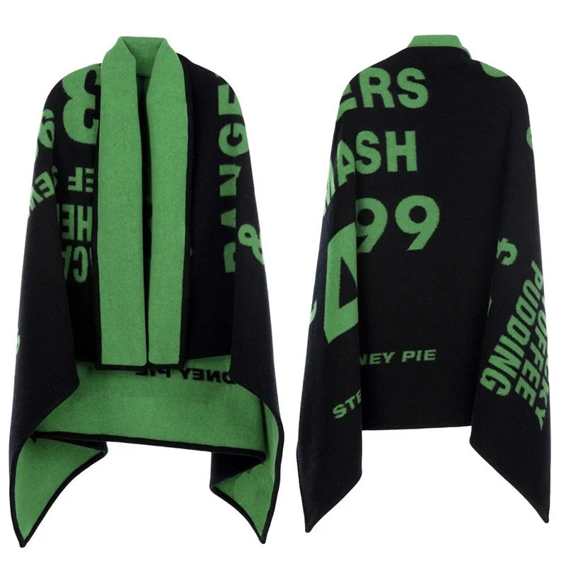 Letter Green Ponchos Cape Scarves Women Thicken Knit Wool Blanket Sweater Fleece Scarf Coat Winter Warm Shawl Wraps Plus Size